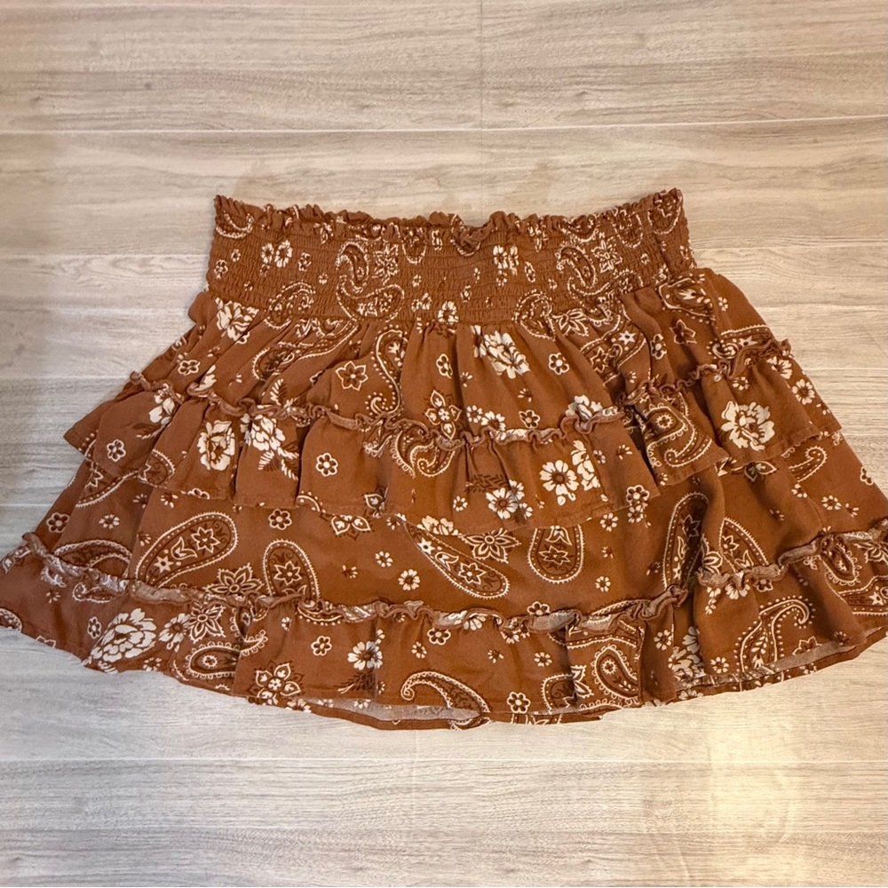 Aerie Brown Floral Paisley Tiered Ruffle Mini Skirt Size M - Picture 4 of 8